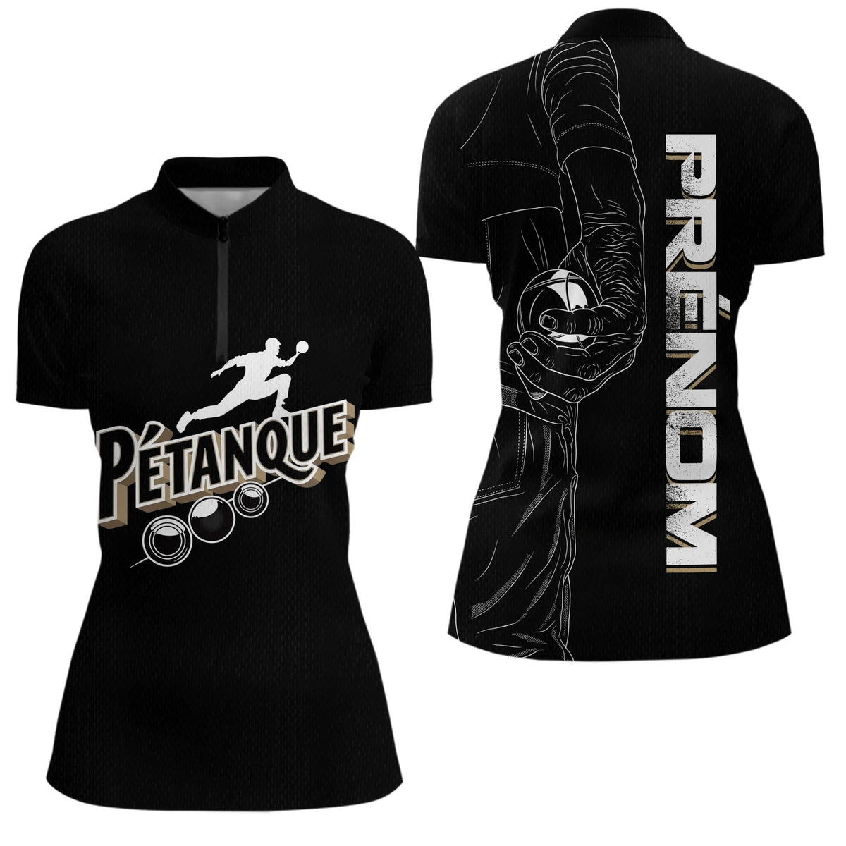 Polo Pétanque Noir Personnalisé - Design Main & Boules - Polo Zippé Femme