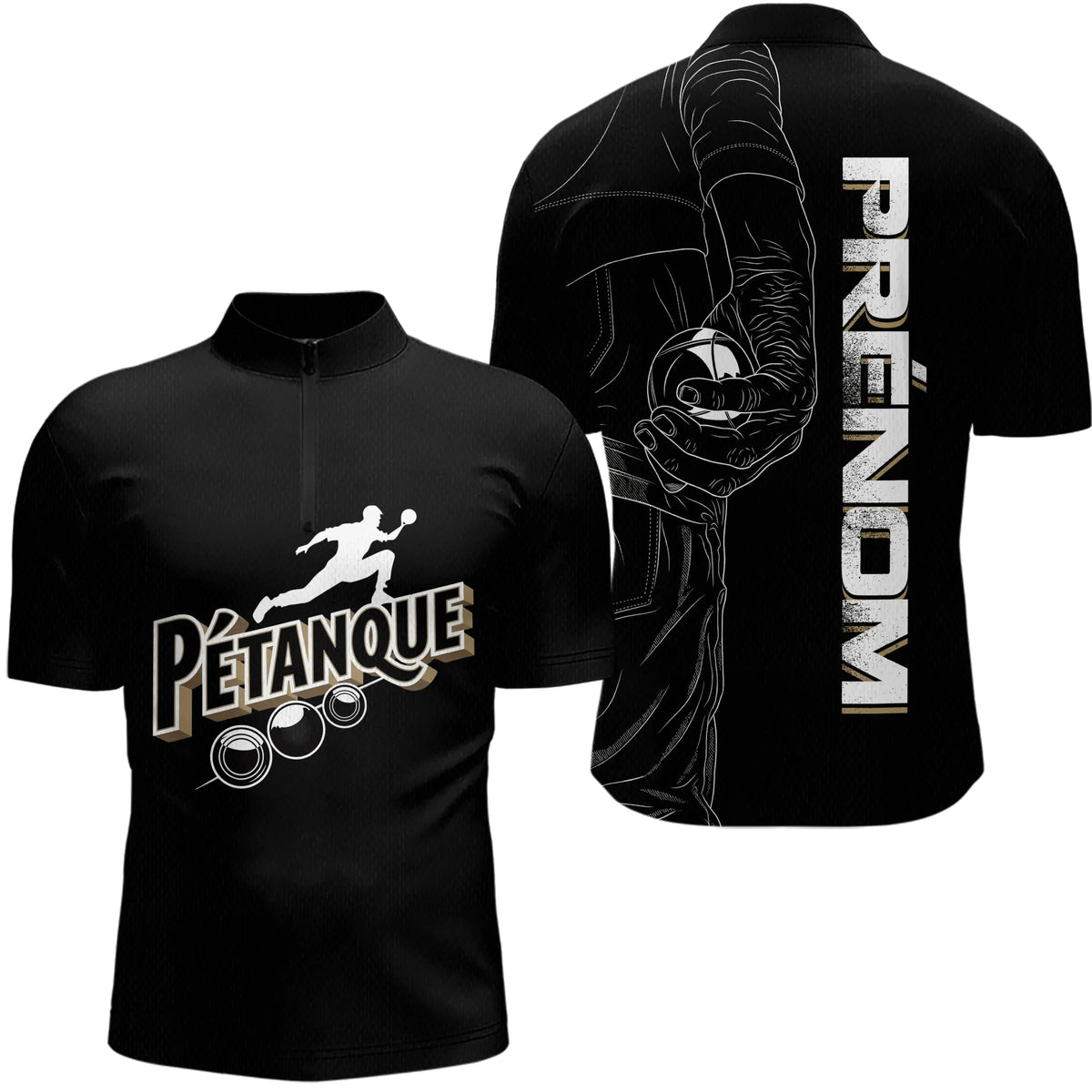 Polo Pétanque Noir Personnalisé - Design Main & Boules - Polo Zippé Homme