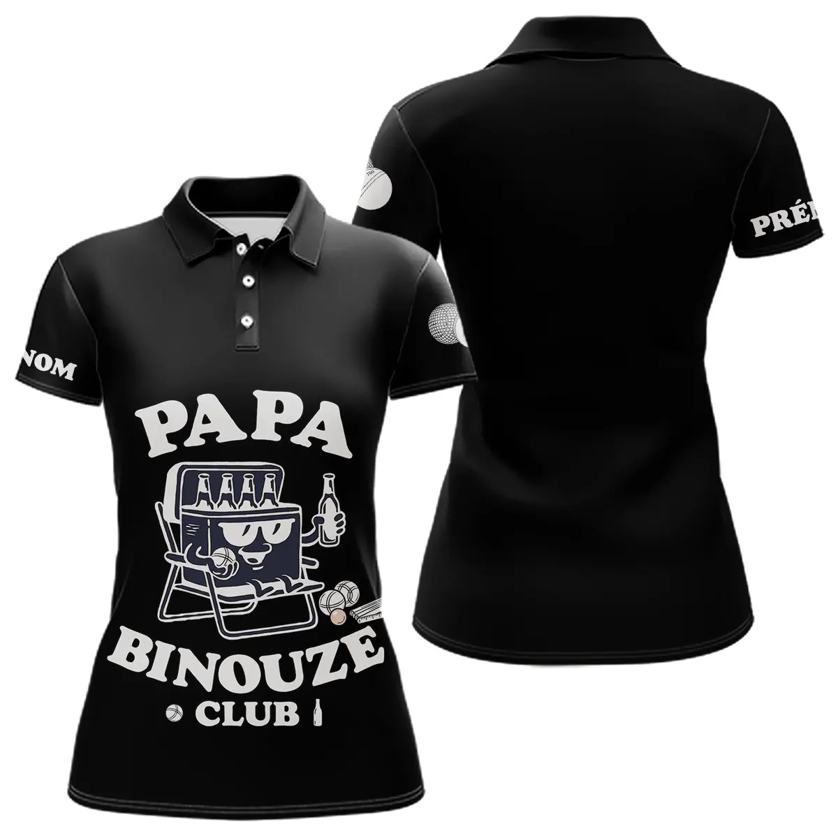 Polo Pétanque Noir Personnalisé - Papa Binouze Club - Polo Femme