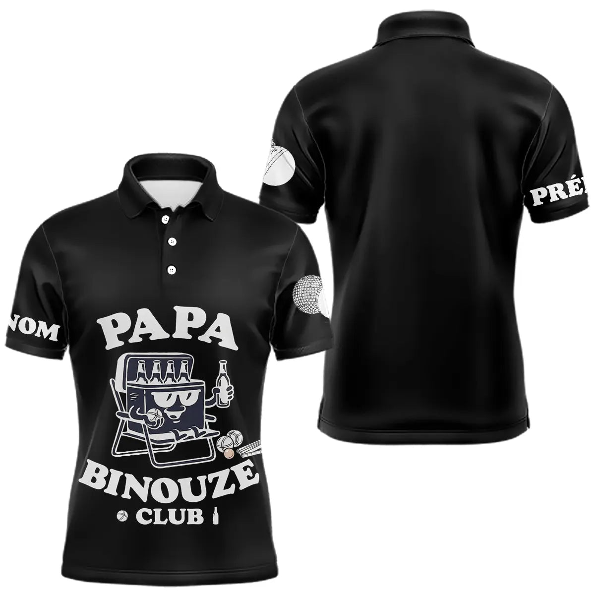 Polo Pétanque Noir Personnalisé - Papa Binouze Club - Polo Homme
