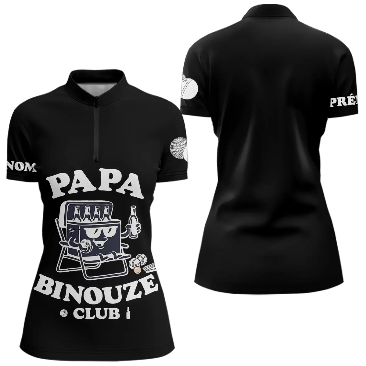 Polo Pétanque Noir Personnalisé - Papa Binouze Club - Polo Zippé Femme