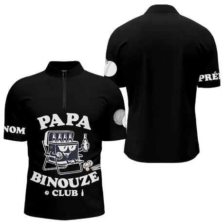 Polo Pétanque Noir Personnalisé - Papa Binouze Club - Polo Zippé Homme