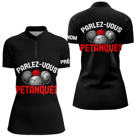 Polo Pétanque Noir Personnalisé - Parlez Vous Boules - Polo Zippé Femme