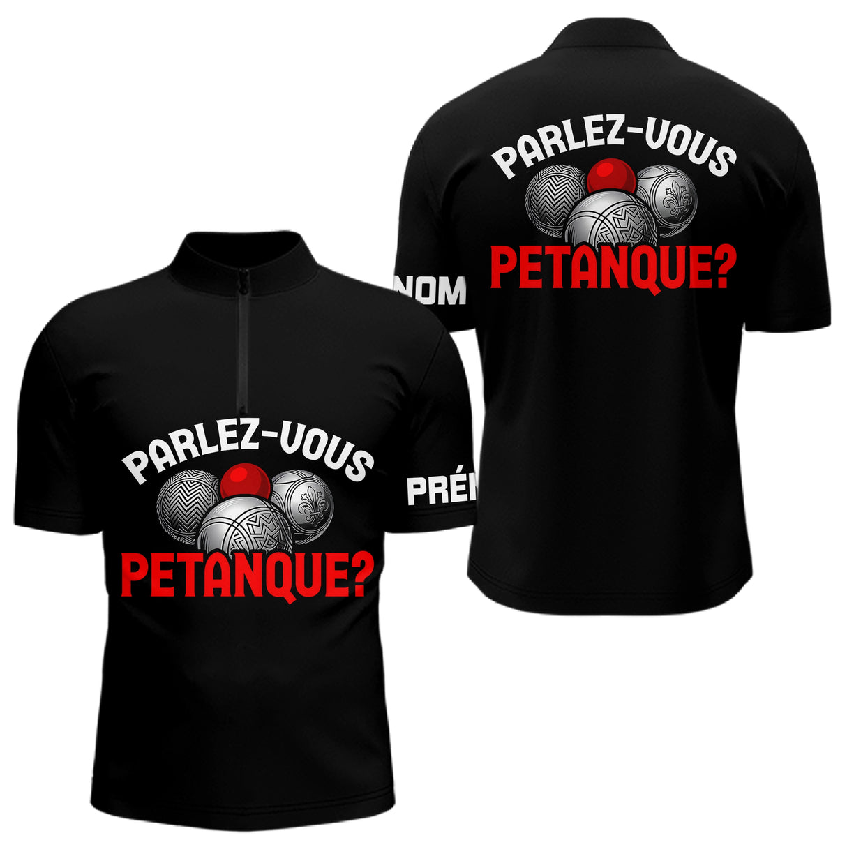 Polo Pétanque Noir Personnalisé - Parlez Vous Boules - Polo Zippé Homme