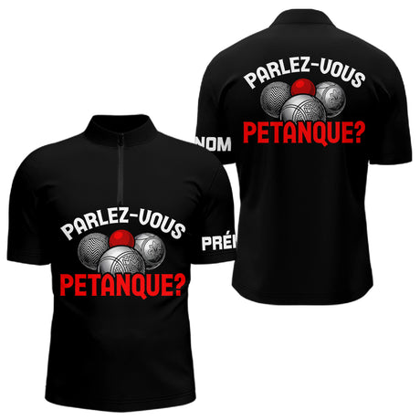 Polo Pétanque Noir Personnalisé - Parlez Vous Boules - Polo Zippé Homme