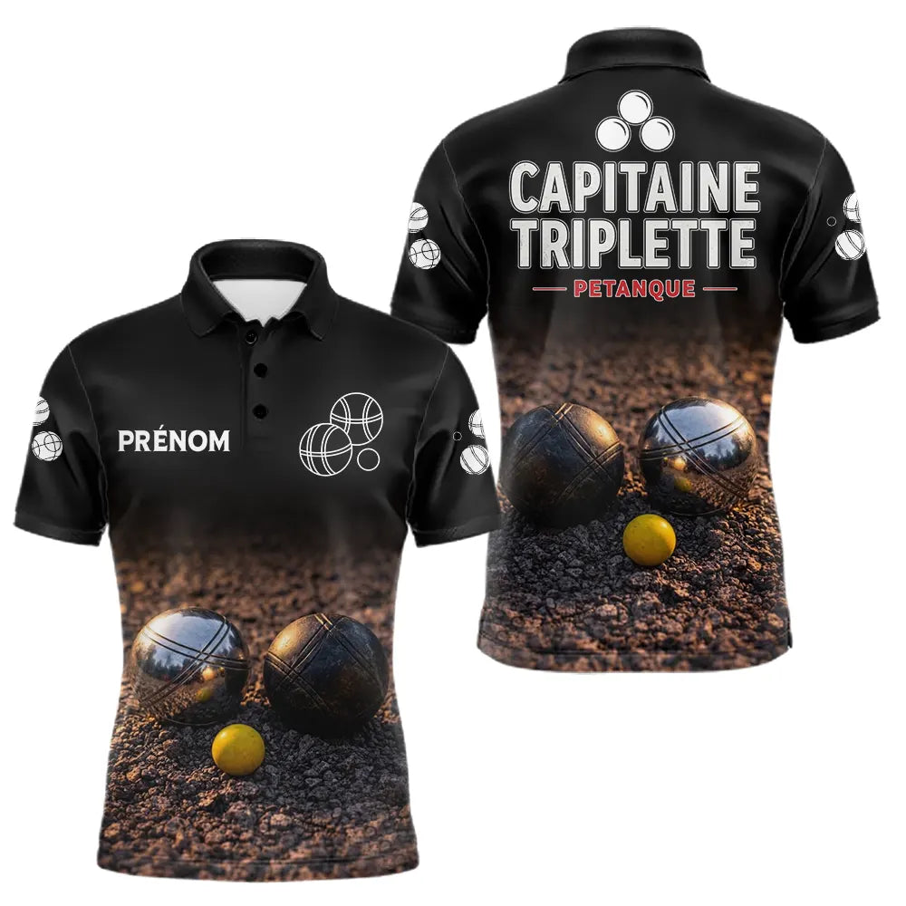 Polo Pétanque Noir Personnalisé - Équipe Capitaine Triplette - Polo Homme