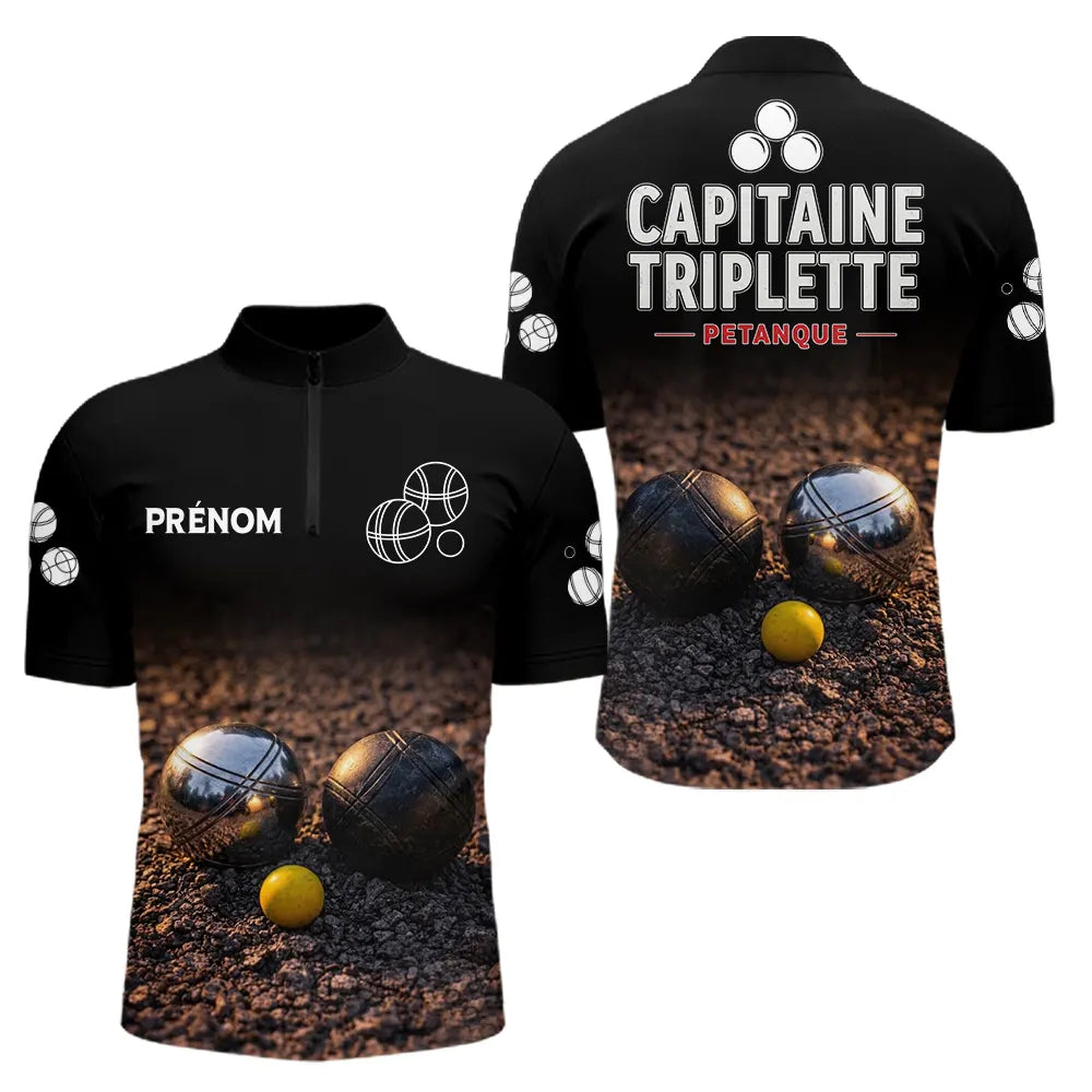 Polo Pétanque Noir Personnalisé - Équipe Capitaine Triplette - Polo Zippé Homme