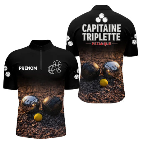 Polo Pétanque Noir Personnalisé - Équipe Capitaine Triplette - Polo Zippé Homme