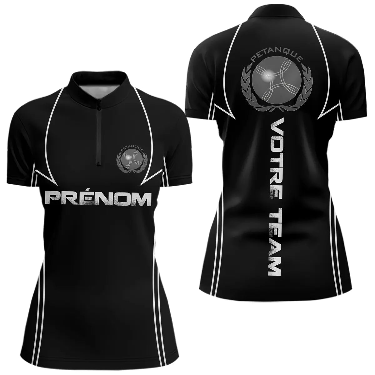 Polo Pétanque Noir Personnalisé Équipe -Joueur Boules - Polo Zippé Femme