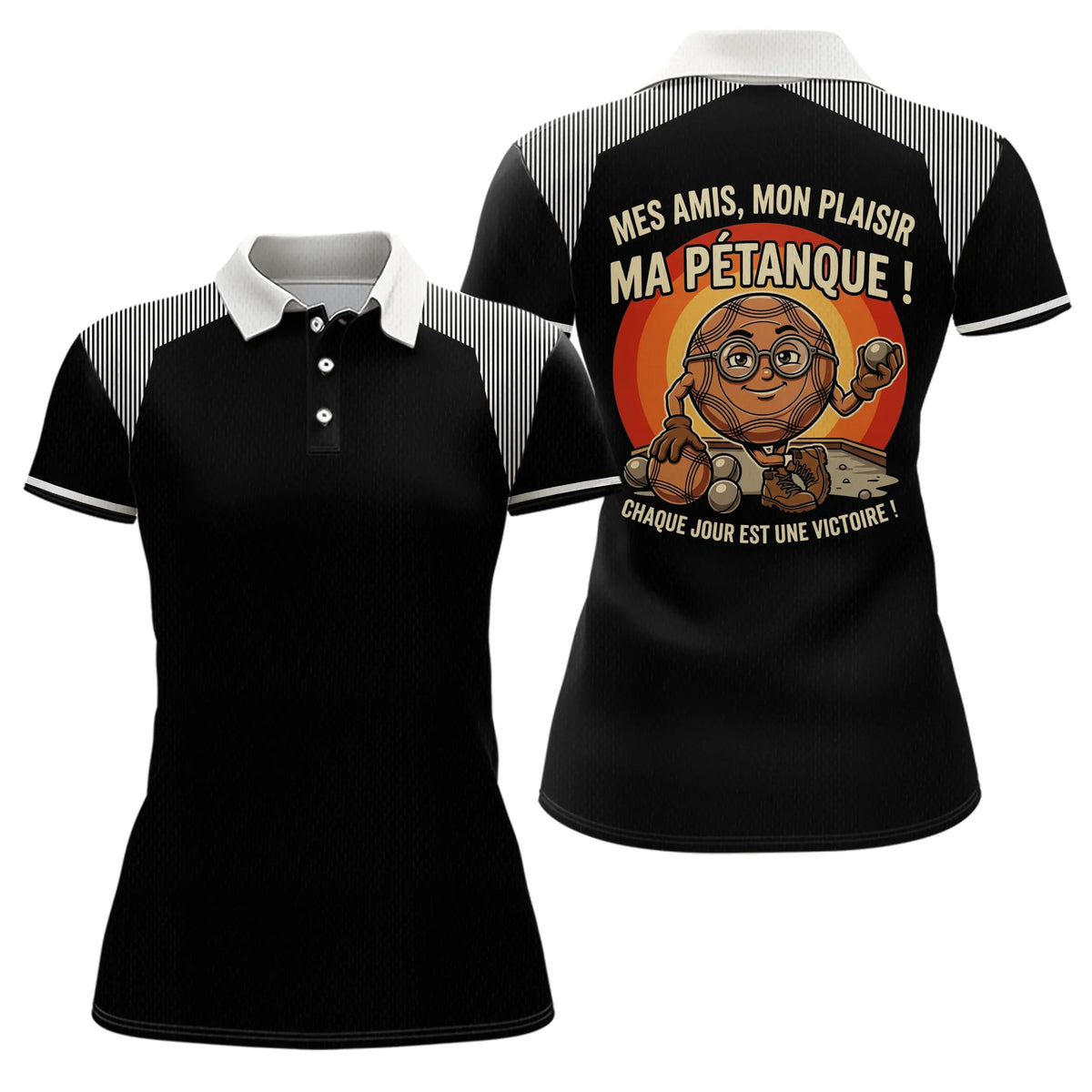 Polo Pétanque Noir Rayé - Passion Accessoire Bouliste - Polo Femme