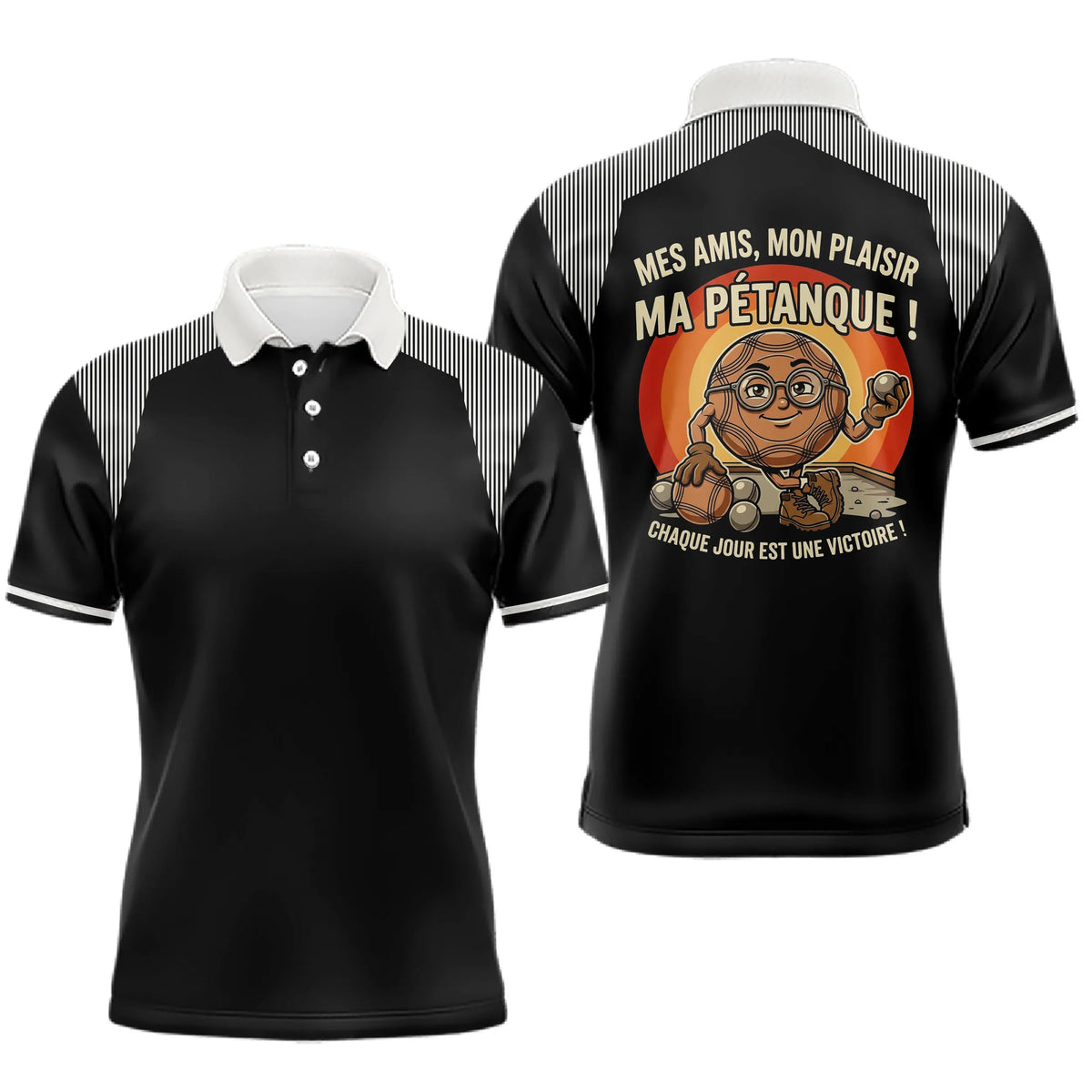 Polo Pétanque Noir Rayé - Passion Accessoire Bouliste - Polo Homme