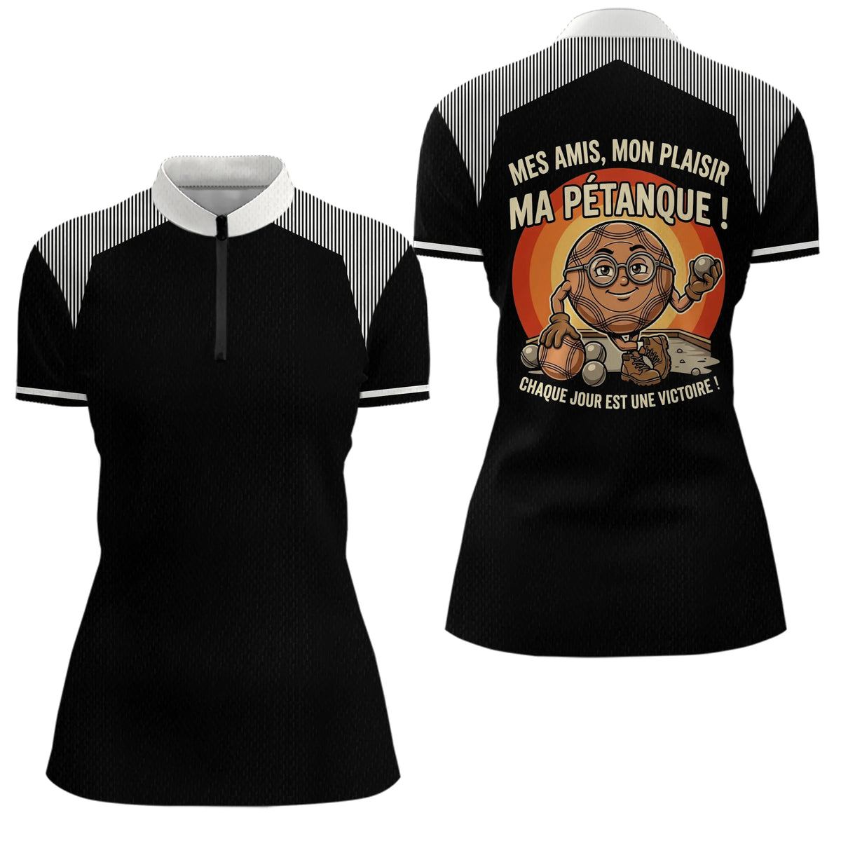 Polo Pétanque Noir Rayé - Passion Accessoire Bouliste - Polo Zippé Femme