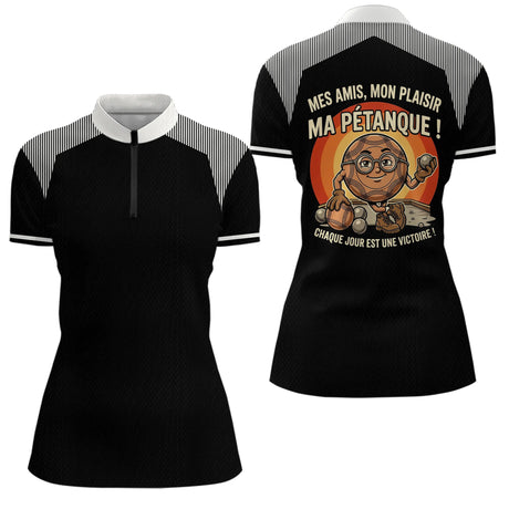 Polo Pétanque Noir Rayé - Passion Accessoire Bouliste - Polo Zippé Femme