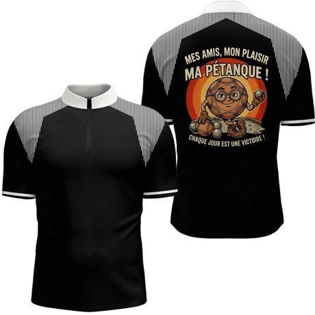 Polo Pétanque Noir Rayé - Passion Accessoire Bouliste - Polo Zippé Homme