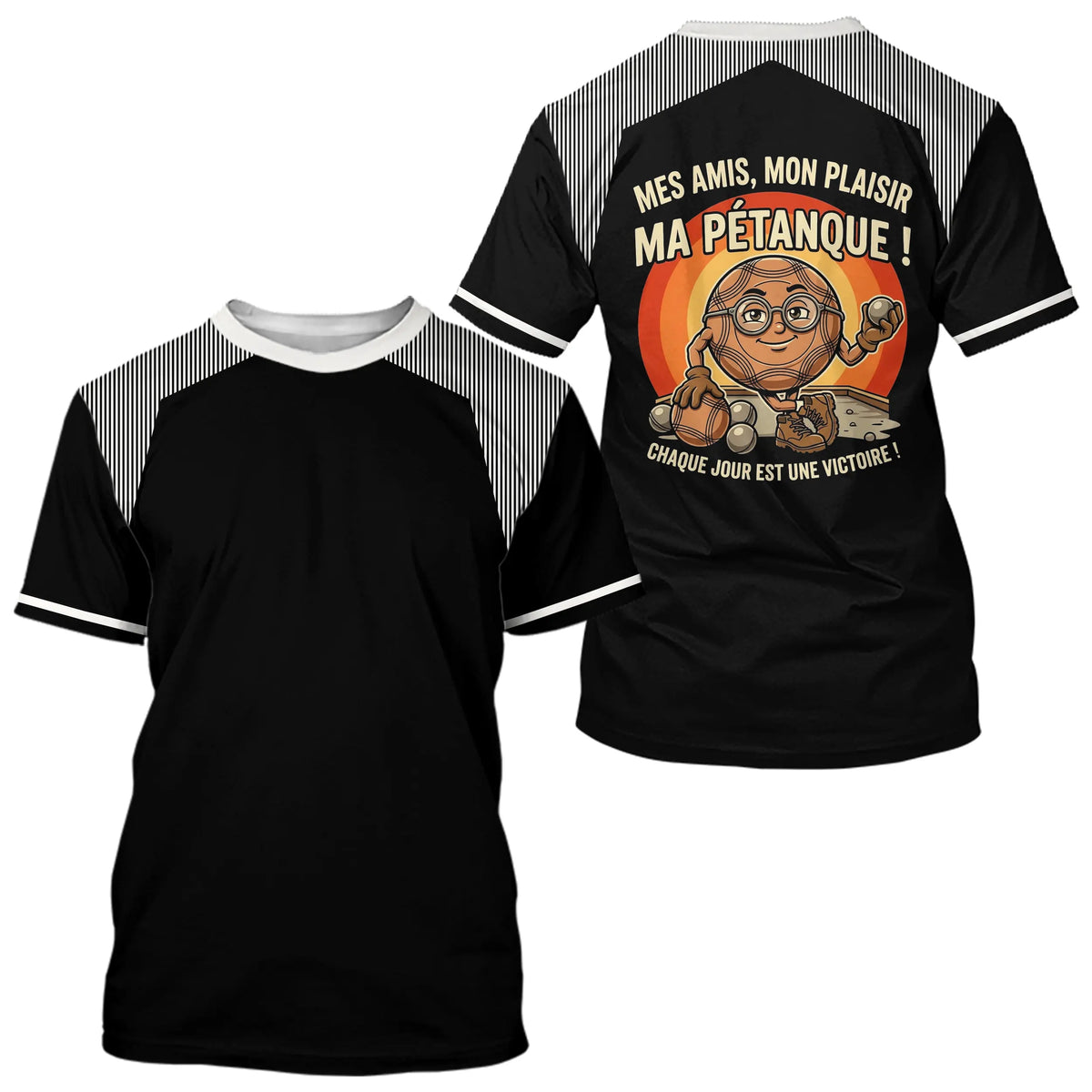 Polo Pétanque Noir Rayé - Passion Accessoire Bouliste - T-Shirt Homme