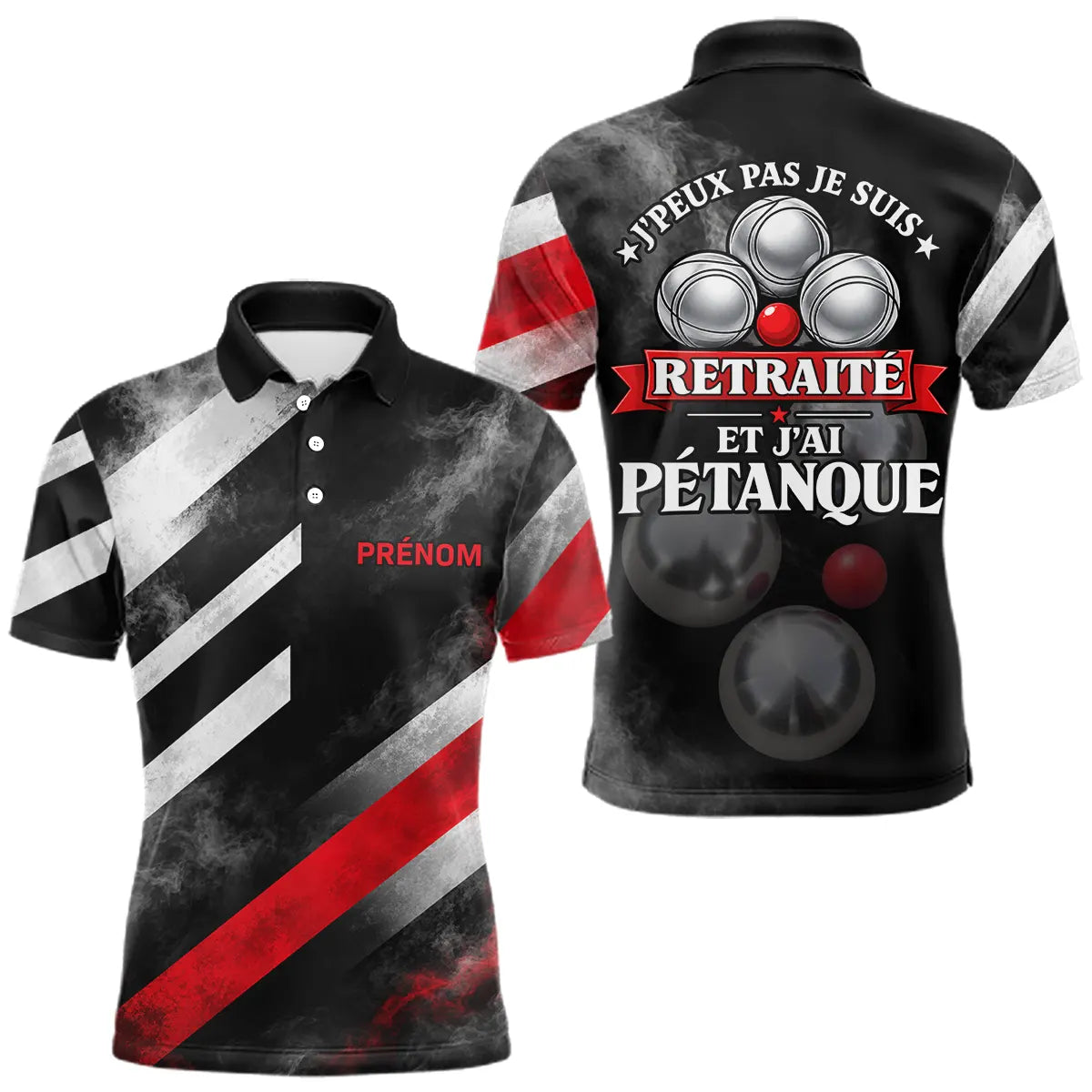 Polo Pétanque Noir & Rouge - J'peux Pas Retraité Personnalisé - Polo Homme