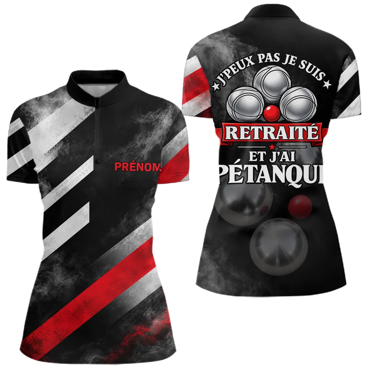 Polo Pétanque Noir & Rouge - J'peux Pas Retraité Personnalisé - Polo Zippé Femme