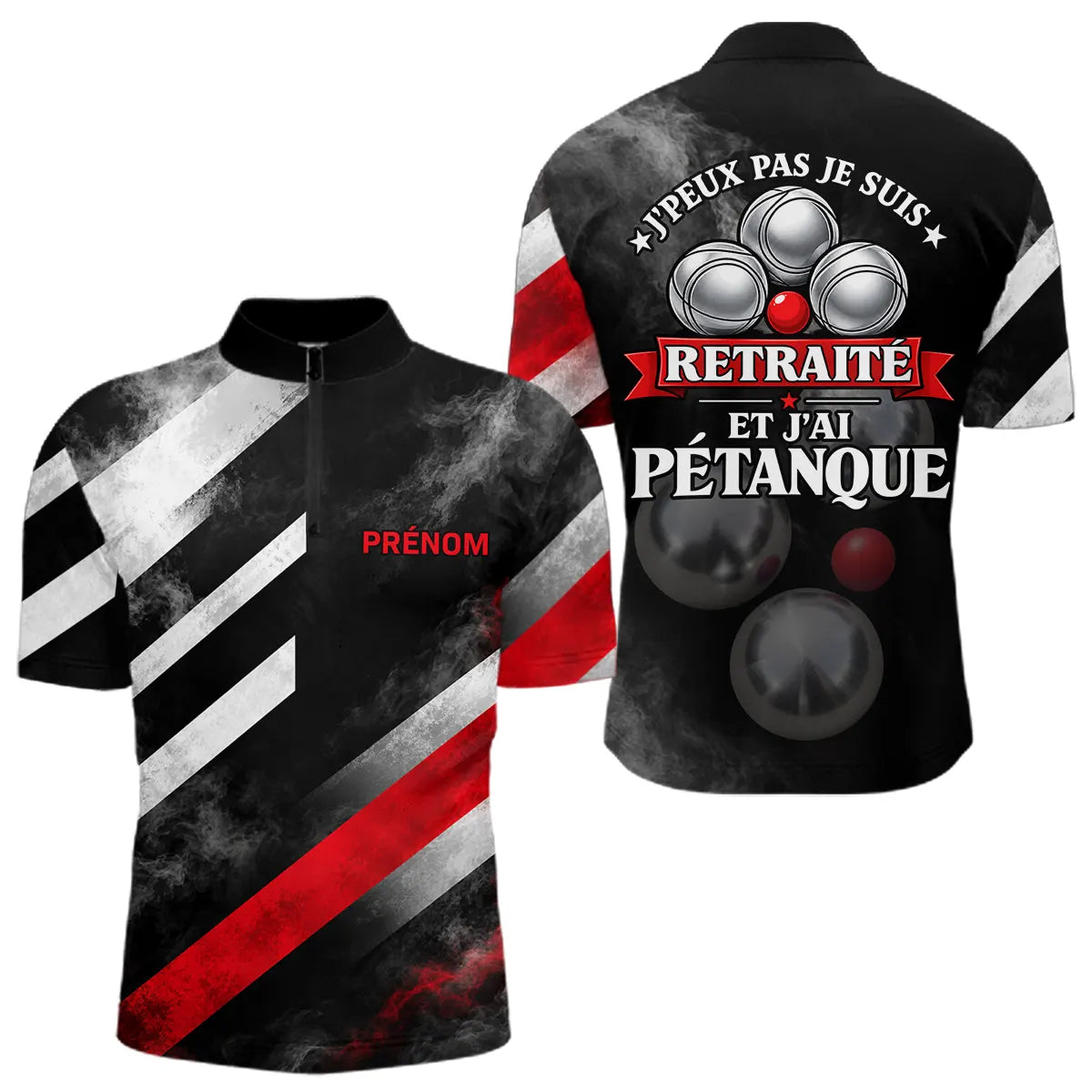 Polo Pétanque Noir & Rouge - J'peux Pas Retraité Personnalisé - Polo Zippé Homme