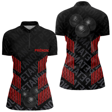 Polo Pétanque Noir & Rouge - Motif Boules Dynamique 3D - Polo Zippé Femme