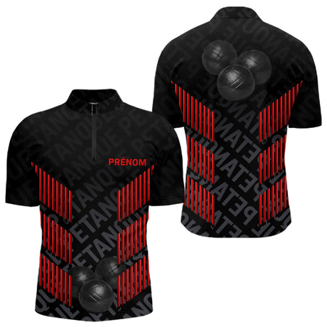 Polo Pétanque Noir & Rouge - Motif Boules Dynamique 3D - Polo Zippé Homme