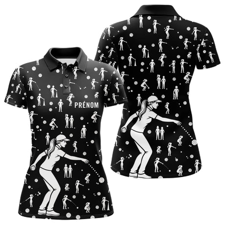 Polo Pétanque Noir Silhouette Joueurs - Homme Femme - Polo Femme