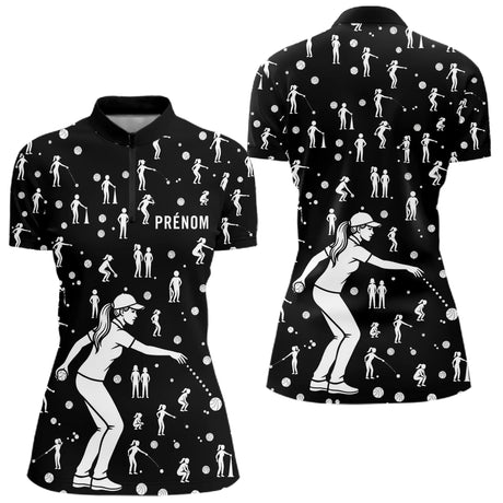 Polo Pétanque Noir Silhouette Joueurs - Homme Femme - Polo Zippé Femme