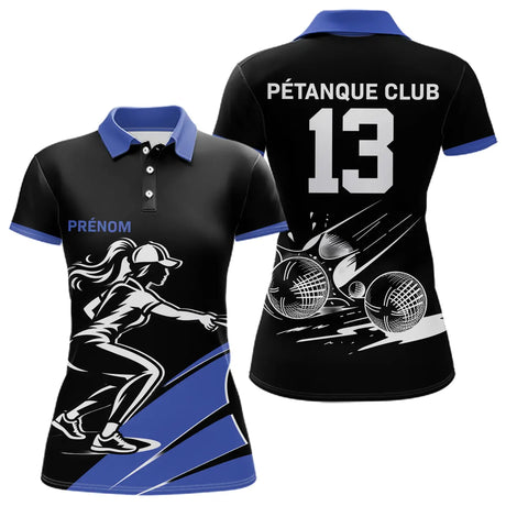 Polo Pétanque Noir et Bleu Personnalisé - Club Numéro - Polo Femme