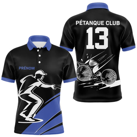 Polo Pétanque Noir et Bleu Personnalisé - Club Numéro - Polo Homme