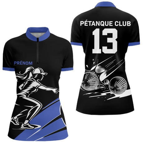 Polo Pétanque Noir et Bleu Personnalisé - Club Numéro - Polo Zippé Femme
