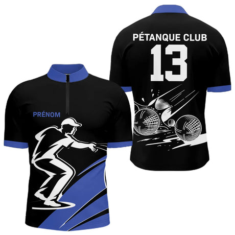 Polo Pétanque Noir et Bleu Personnalisé - Club Numéro - Polo Zippé Homme