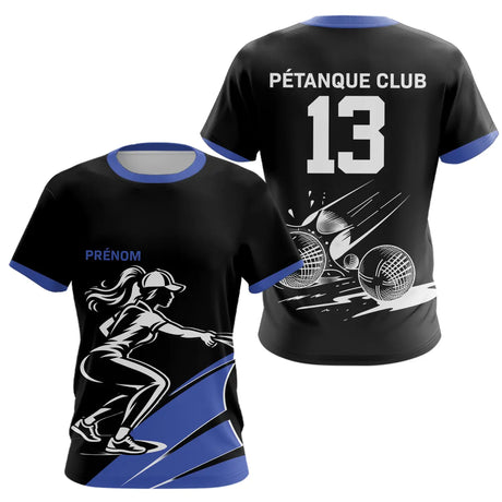 Polo Pétanque Noir et Bleu Personnalisé - Club Numéro - T-Shirt Femme