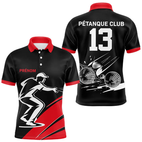 Polo Pétanque Noir et Rouge Personnalisé - Club Numéro - Polo Homme