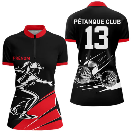 Polo Pétanque Noir et Rouge Personnalisé - Club Numéro - Polo Zippé Femme