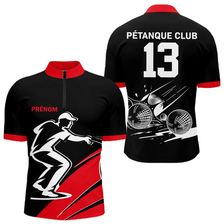 Polo Pétanque Noir et Rouge Personnalisé - Club Numéro - Polo Zippé Homme