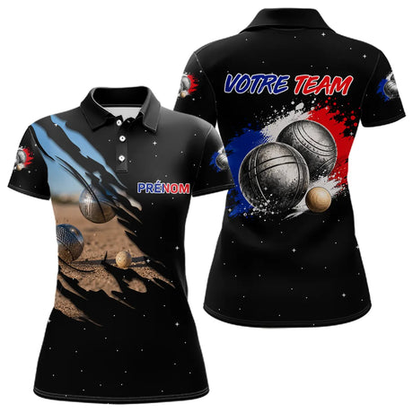 Polo Pétanque Noir Équipe Prénom - Boules & Éclats Tricolores - Polo Femme