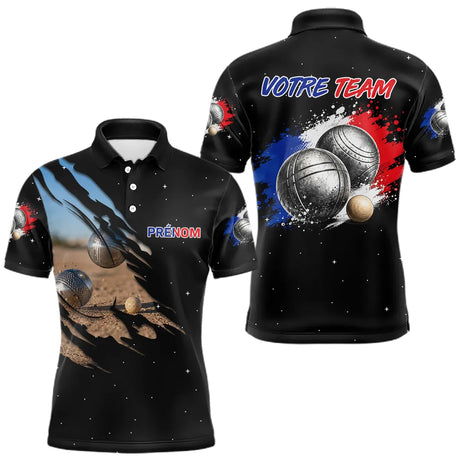 Polo Pétanque Noir Équipe Prénom - Boules & Éclats Tricolores - Polo Homme