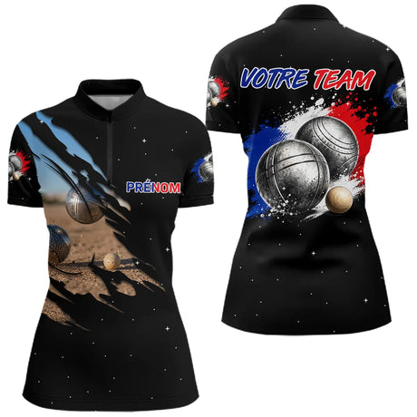 Polo Pétanque Noir Équipe Prénom - Boules & Éclats Tricolores - Polo Zippé Femme
