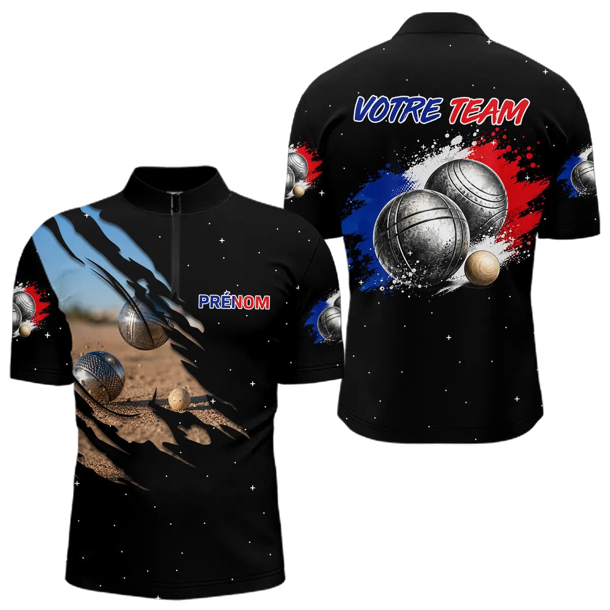 Polo Pétanque Noir Équipe Prénom - Boules & Éclats Tricolores - Polo Zippé Homme