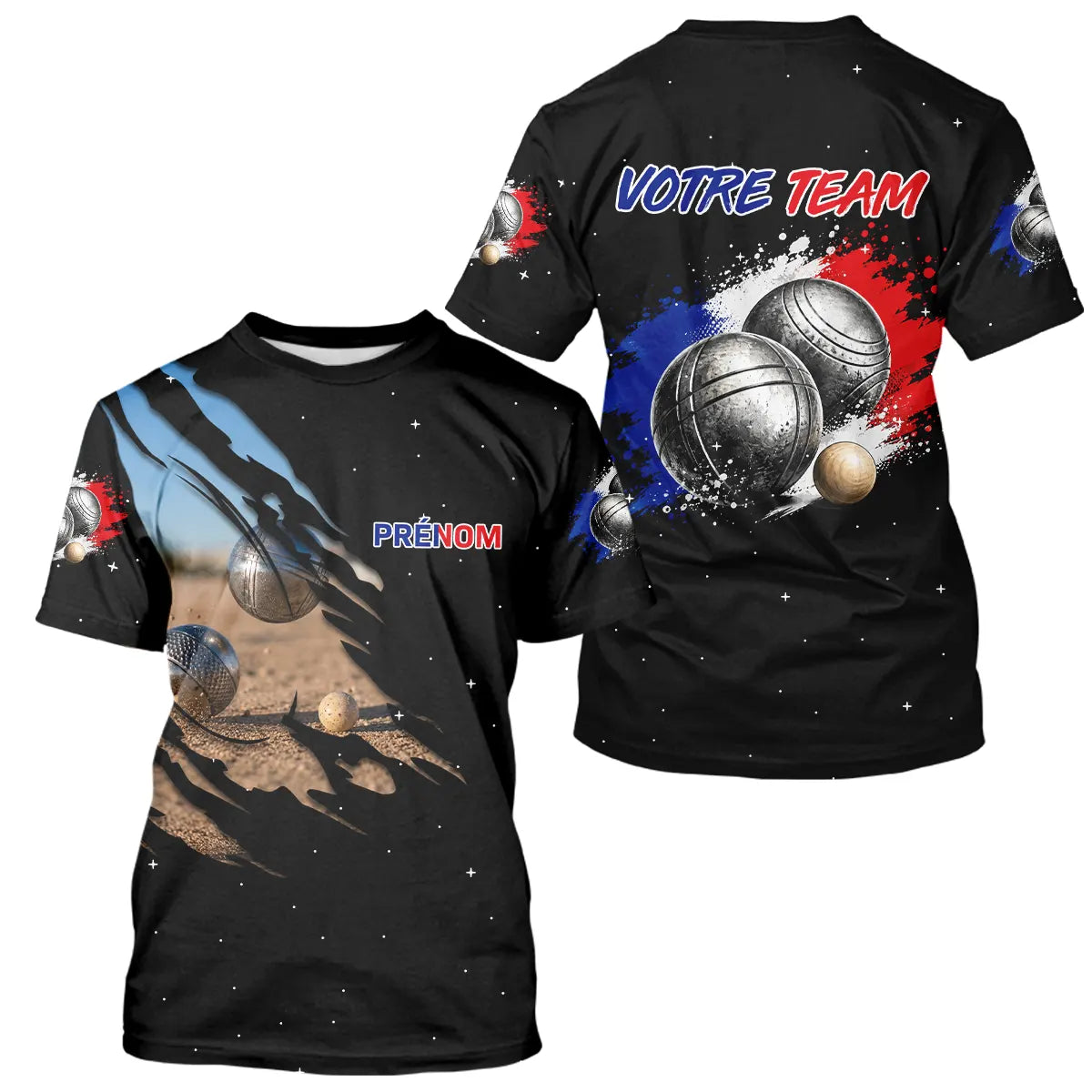 Polo Pétanque Noir Équipe Prénom - Boules & Éclats Tricolores - T-Shirt Homme