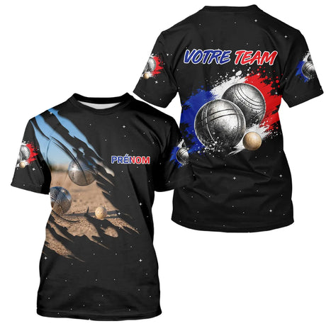 Polo Pétanque Noir Équipe Prénom - Boules & Éclats Tricolores - T-Shirt Homme