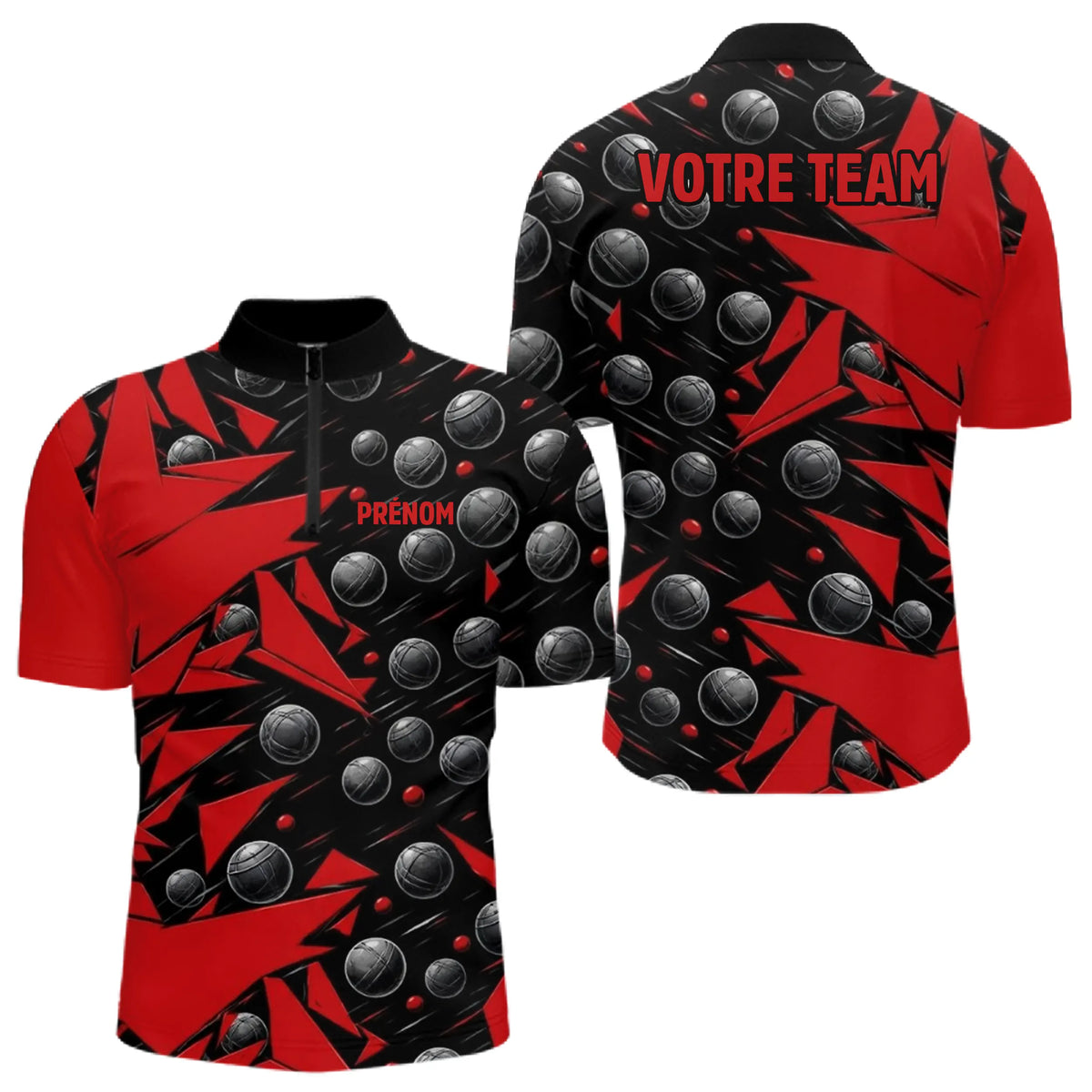 Polo Pétanque Nom et Team Personnalisé - Noir & Rouge - Polo Zippé Homme