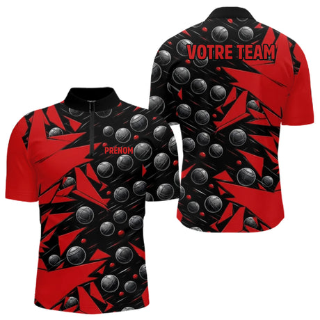 Polo Pétanque Nom et Team Personnalisé - Noir & Rouge - Polo Zippé Homme