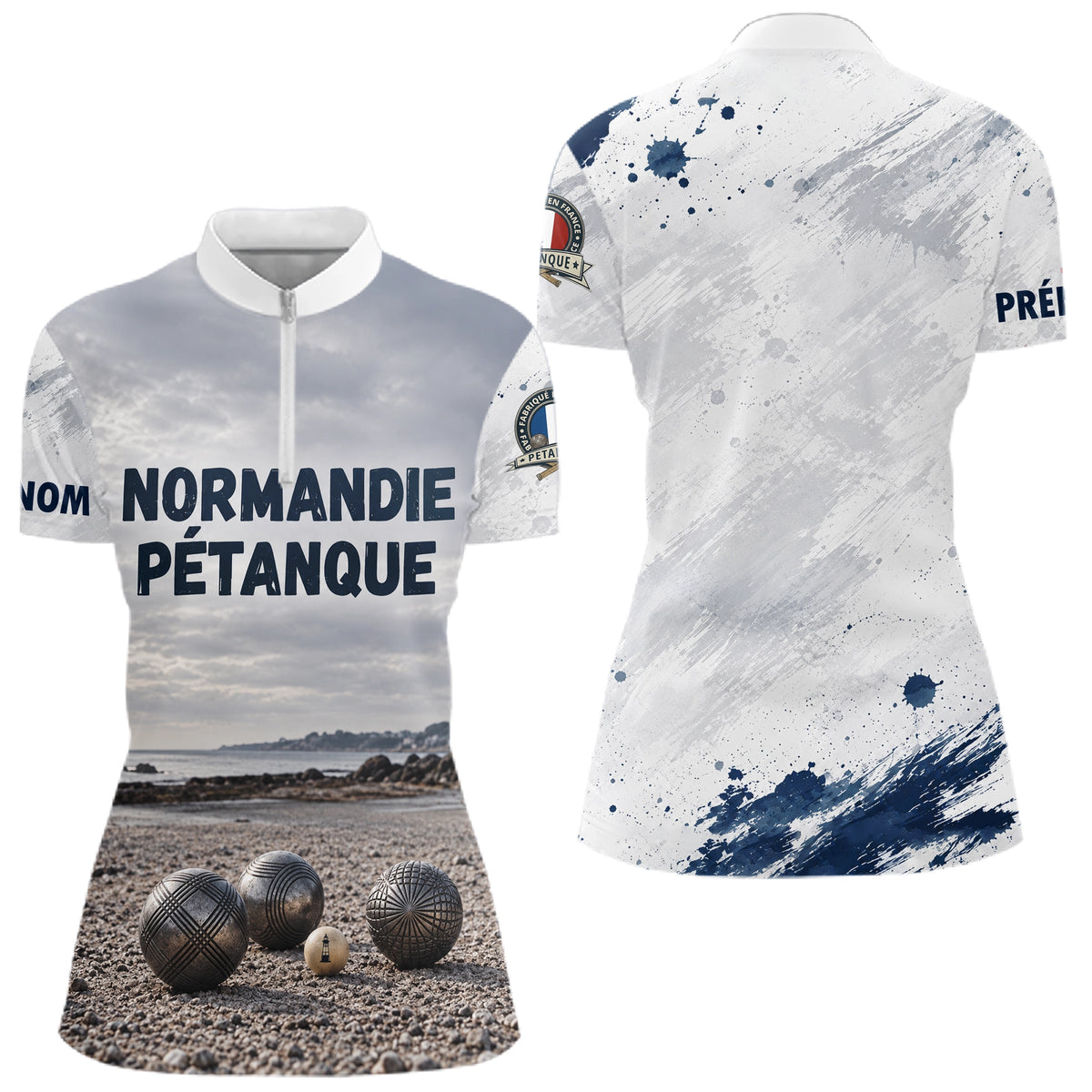 Polo Pétanque Normandie Blanc & Bleu -  Style Rétro Équipe - Polo Zippé Femme
