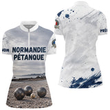 Polo Pétanque Normandie Blanc & Bleu -  Style Rétro Équipe - Polo Zippé Femme