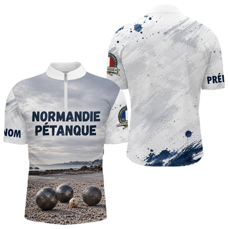 Polo Pétanque Normandie Blanc & Bleu -  Style Rétro Équipe - Polo Zippé Homme