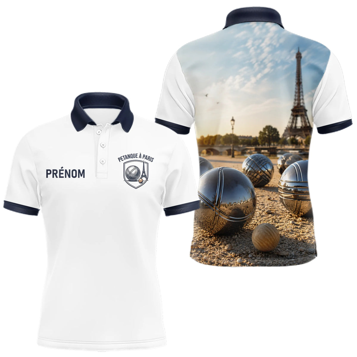 Polo Pétanque À Paris 3D - Personnalisé Blanc Marine - Polo Homme