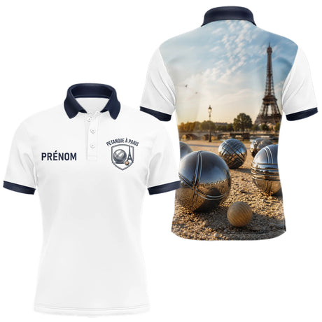 Polo Pétanque À Paris 3D - Personnalisé Blanc Marine - Polo Homme