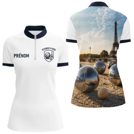 Polo Pétanque À Paris 3D - Personnalisé Blanc Marine - Polo Zippé Femme