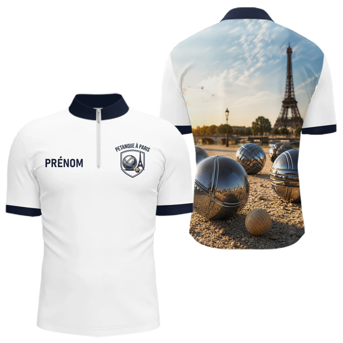 Polo Pétanque À Paris 3D - Personnalisé Blanc Marine - Polo Zippé Homme