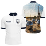 Polo Pétanque À Paris 3D - Personnalisé Blanc Marine - Polo Zippé Homme